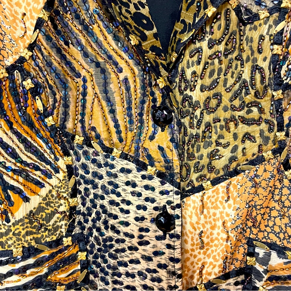 Sandy Starkman Brown Black Beaded Animal Print Patchwork Jacket Sz XL - Picture 6 of 7